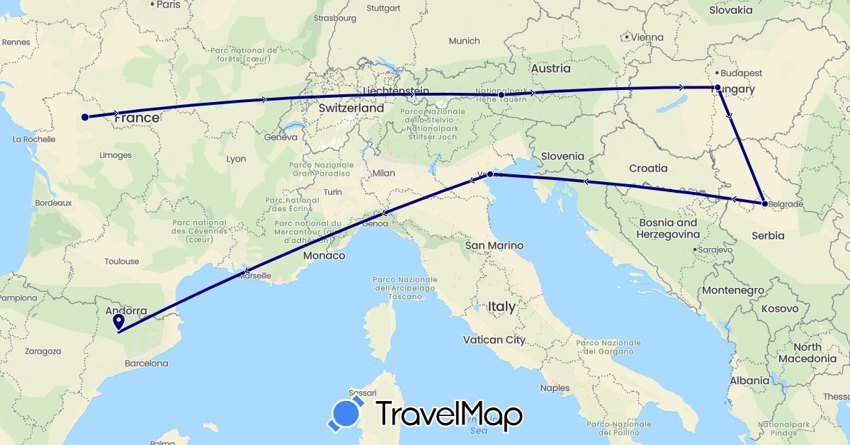 TravelMap itinerary: driving in Austria, Spain, France, Hungary, Italy, Serbia (Europe)